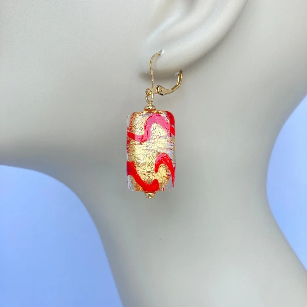Art Glass Earrings, Handmade, Clear & Red Glass, Genuine Gold, Lamp Work